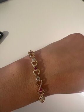 Gold Heart Link Bracelet with genuine rubies and diamonds